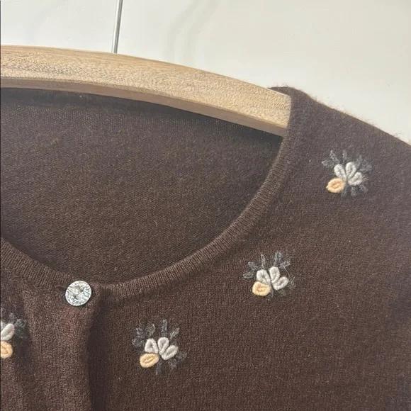 Embroidered Floral Flower Brown Cashmere Cardigan Sweater Size S - Picture 2 of 11